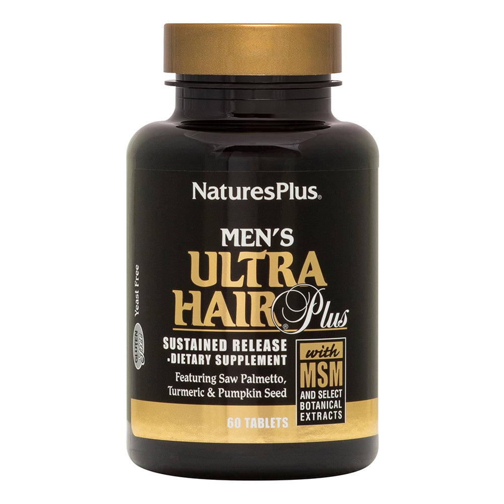 NaturesPlus Men's Ultra Hair Plus bottle close-up shows steady nourishment.