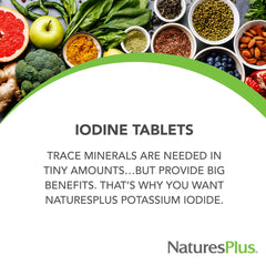 NaturesPlus Potassium Iodide 150 mcg label close-up with dosage details.