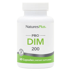 Nature'sPlus PRO DIM bottle label highlights vegan, non-GMO formula for balanced hormones.