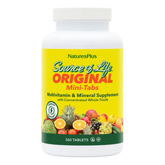NaturesPlus Source of Life 360 Mini-Tabs bottle closeup, compact daily nutrition.