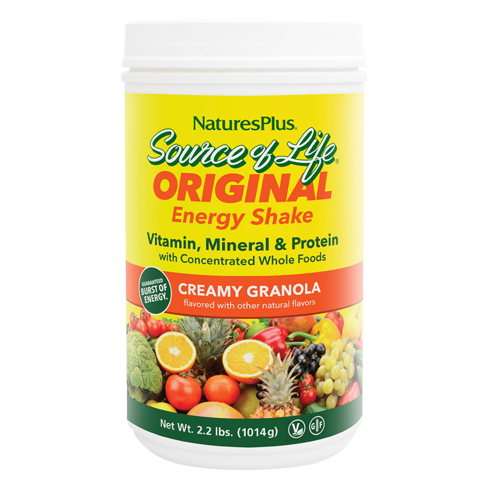 NaturesPlus Source of Life Energy Shake tub front label; complete vitamin protein blend for daily energy.