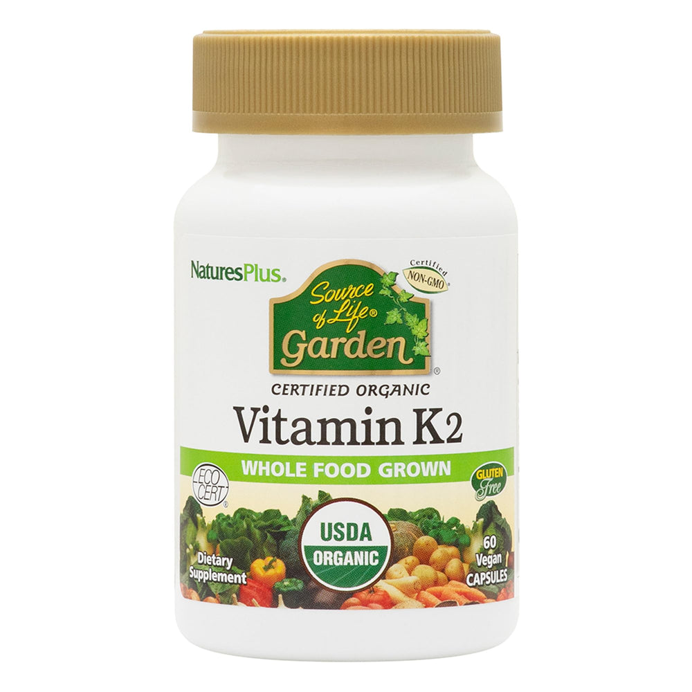 NaturesPlus Source of Life Garden Vitamin K2-60 vegan capsules bottle pour shows easy daily use for bone support.