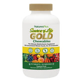 NaturesPlus Source of Life Gold chewables bottle front showing tropical fruit flavor for daily wellness