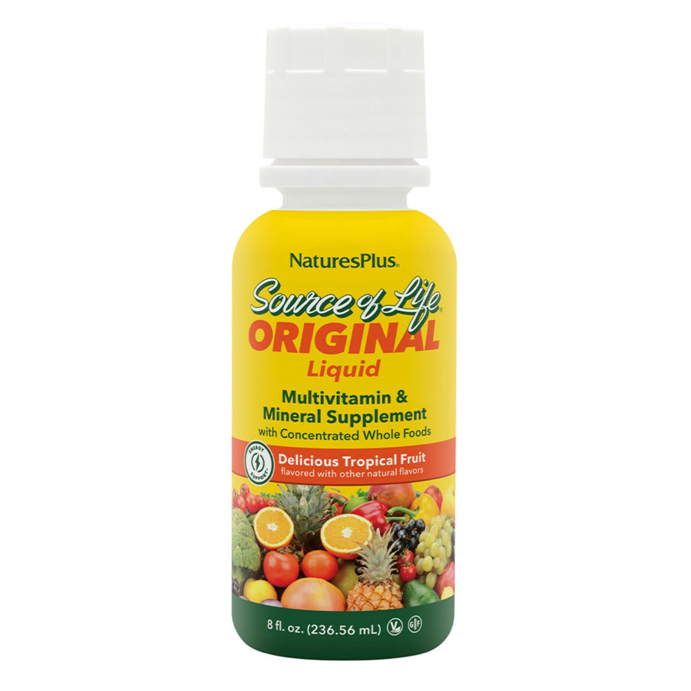 NaturesPlus Source of Life Liquid tropical fruit bottle on shelf for easy daily nutrition.