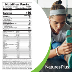 NaturesPlus SPIRU-TEIN Blueberries & Cream bottle label highlighting plant-based protein.