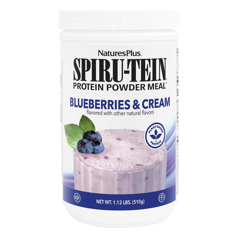 NaturesPlus SPIRU-TEIN Blueberries & Cream tub front showing protein and energy.