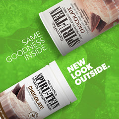 NaturesPlus SpirU-Tein chocolate label emphasizes vitamins and minerals.