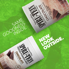 NaturesPlus Spiru-Tein chocolate scoop and glass ready for quick shakes