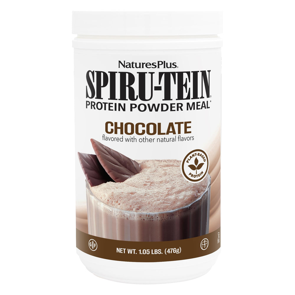 NaturesPlus SpirU-Tein chocolate tub highlighting 14 g protein per serving.