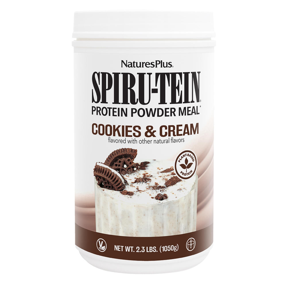 NaturesPlus SpirU-Tein Cookies and Cream bottle highlighting protein-rich, convenient meal replacement.