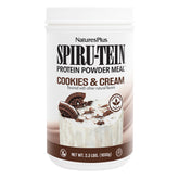 NaturesPlus SpirU-Tein Cookies and Cream bottle highlighting protein-rich, convenient meal replacement.