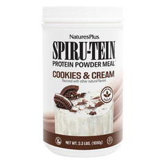 NaturesPlus SpirU-Tein Cookies and Cream bottle highlighting protein-rich, convenient meal replacement.