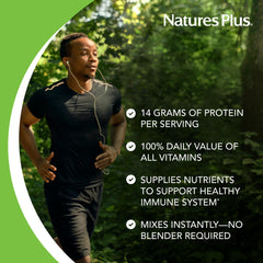 NaturesPlus SpirU-Tein shake scoop and label highlights vitamins and minerals.