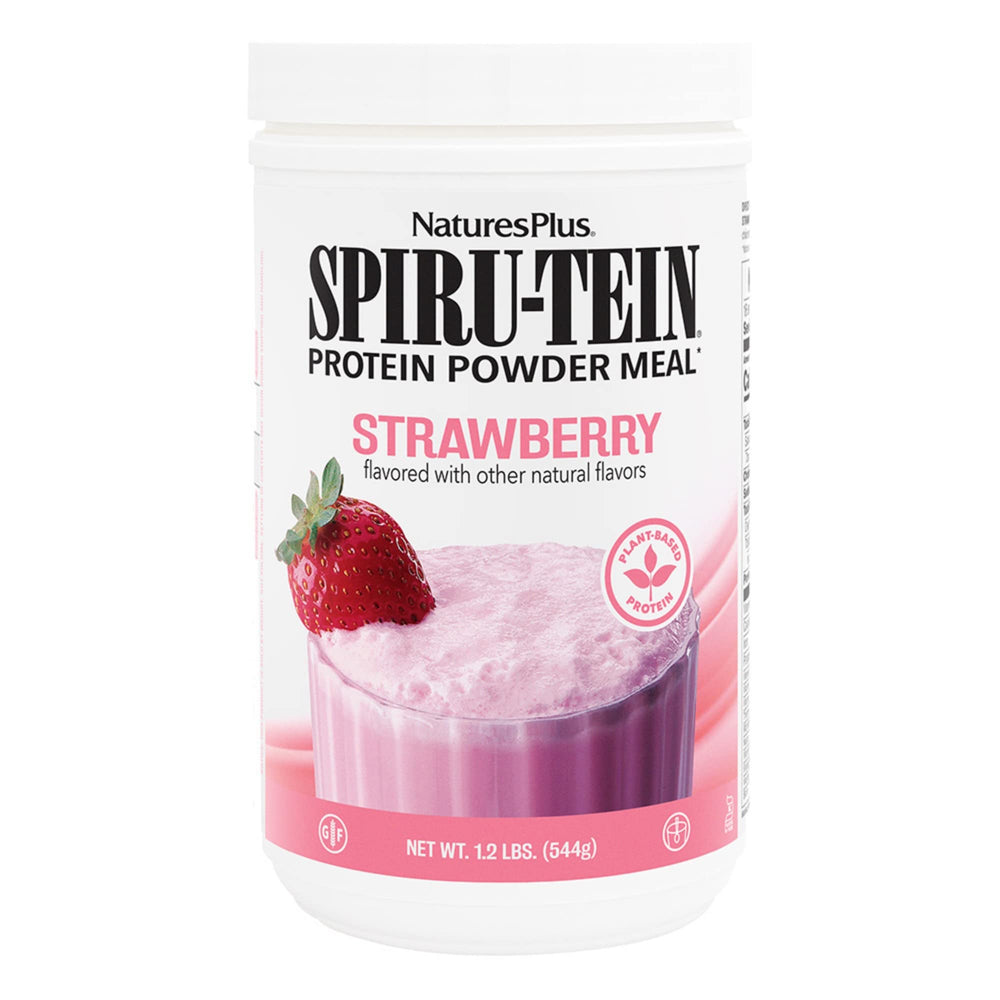 NaturesPlus SPIRU-TEIN Strawberry packaging front, convenient plant-based protein option