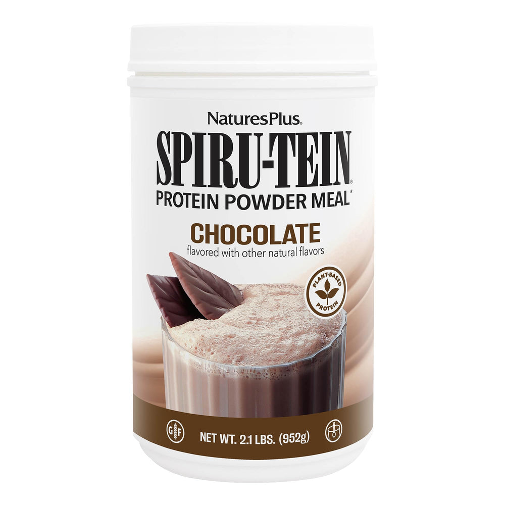 NaturesPlus Spirutein chocolate shake bottle shows a protein-packed meal replacement.