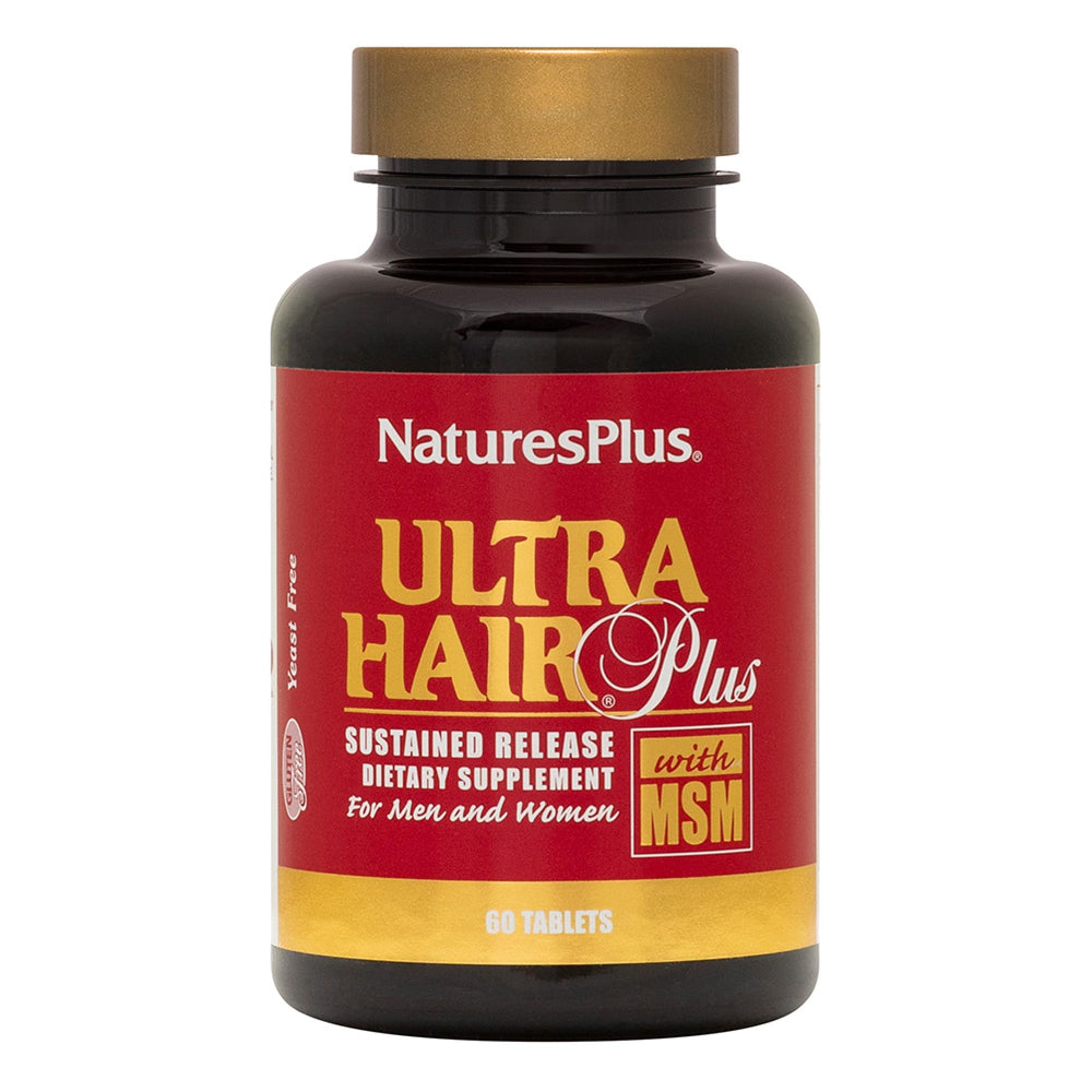 NaturesPlus Ultra Hair tablets close-up for sustained release daily hair support.