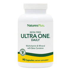 NaturesPlus Ultra One Daily Iron Free bottle with vegan and gluten-free badges.