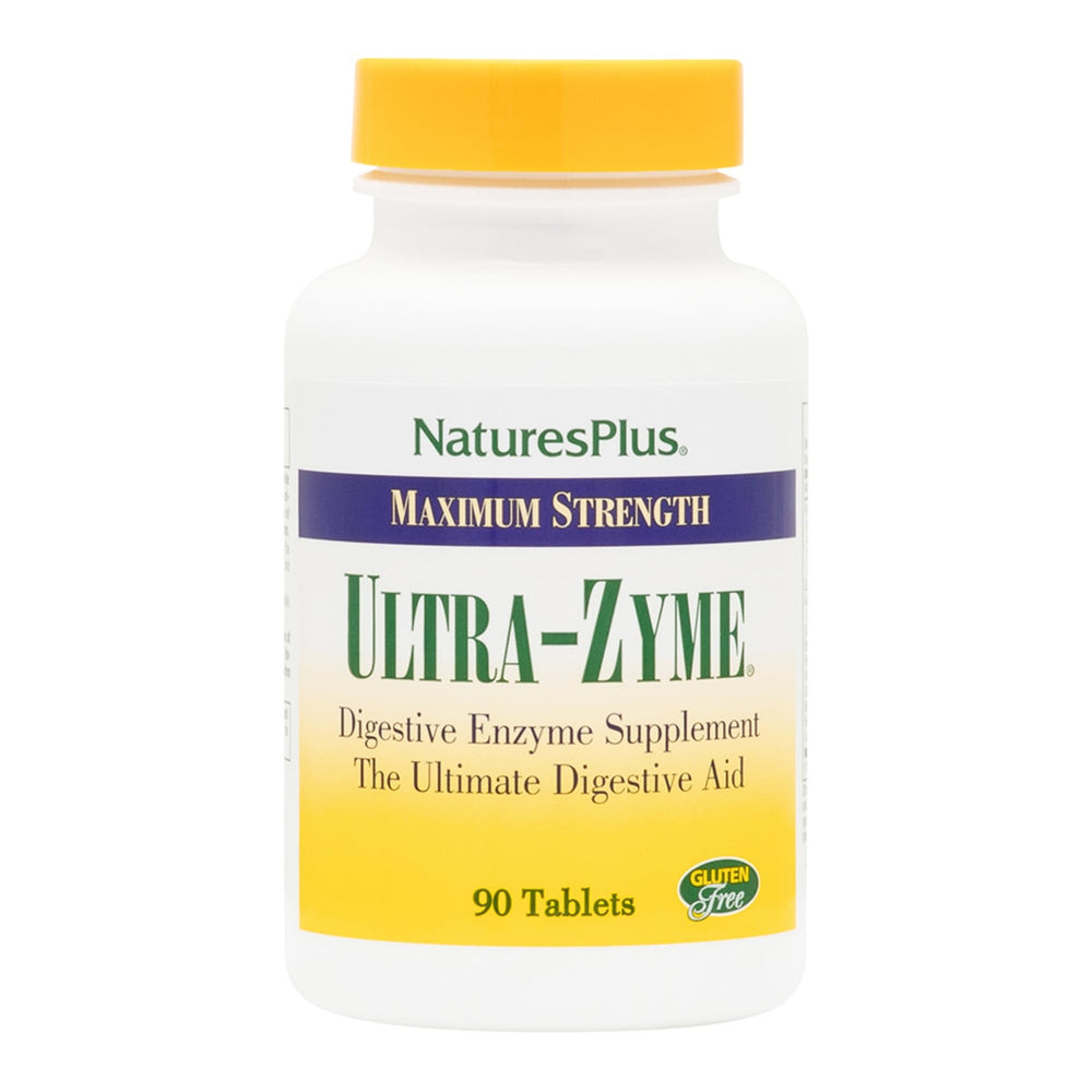 NaturesPlus Ultra-Zyme bottle showing dosage and label for digestive support.