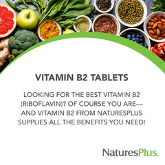 NaturesPlus Vitamin B2 Riboflavin label emphasizing quality standards and clean ingredients.