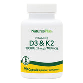 NaturesPlus vitamins D3 and K2 bottle front highlighting bone support potential.