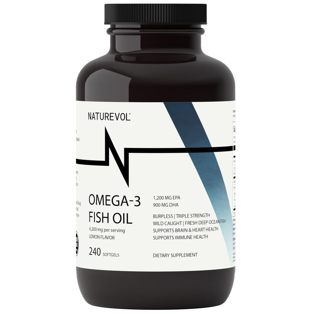 NatureVOL triple-strength omega-3 bottle pour highlights high potency daily support