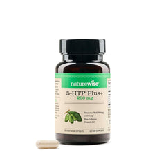 NatureWise 5-HTP bottle front signaling vegan mood support.