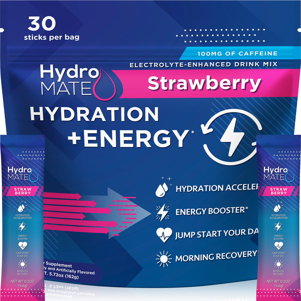 NatureWorks HydroMATE strawberry packets for quick hydration on the go.