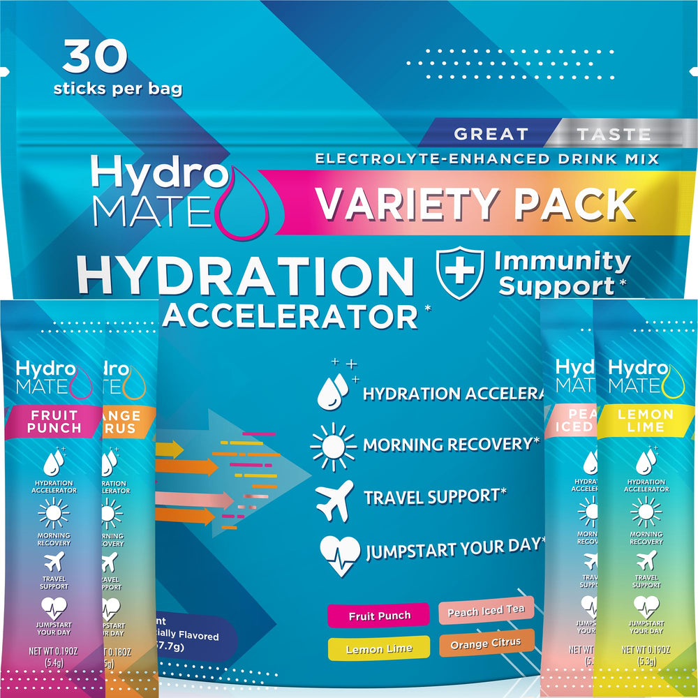 NatureWorks HydroMATE variety-pack box showing convenient on-the-go hydration with multiple packets