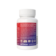 Nutrition label of NATURION Mega Blood Booster detailing iron, B12, and folic acid