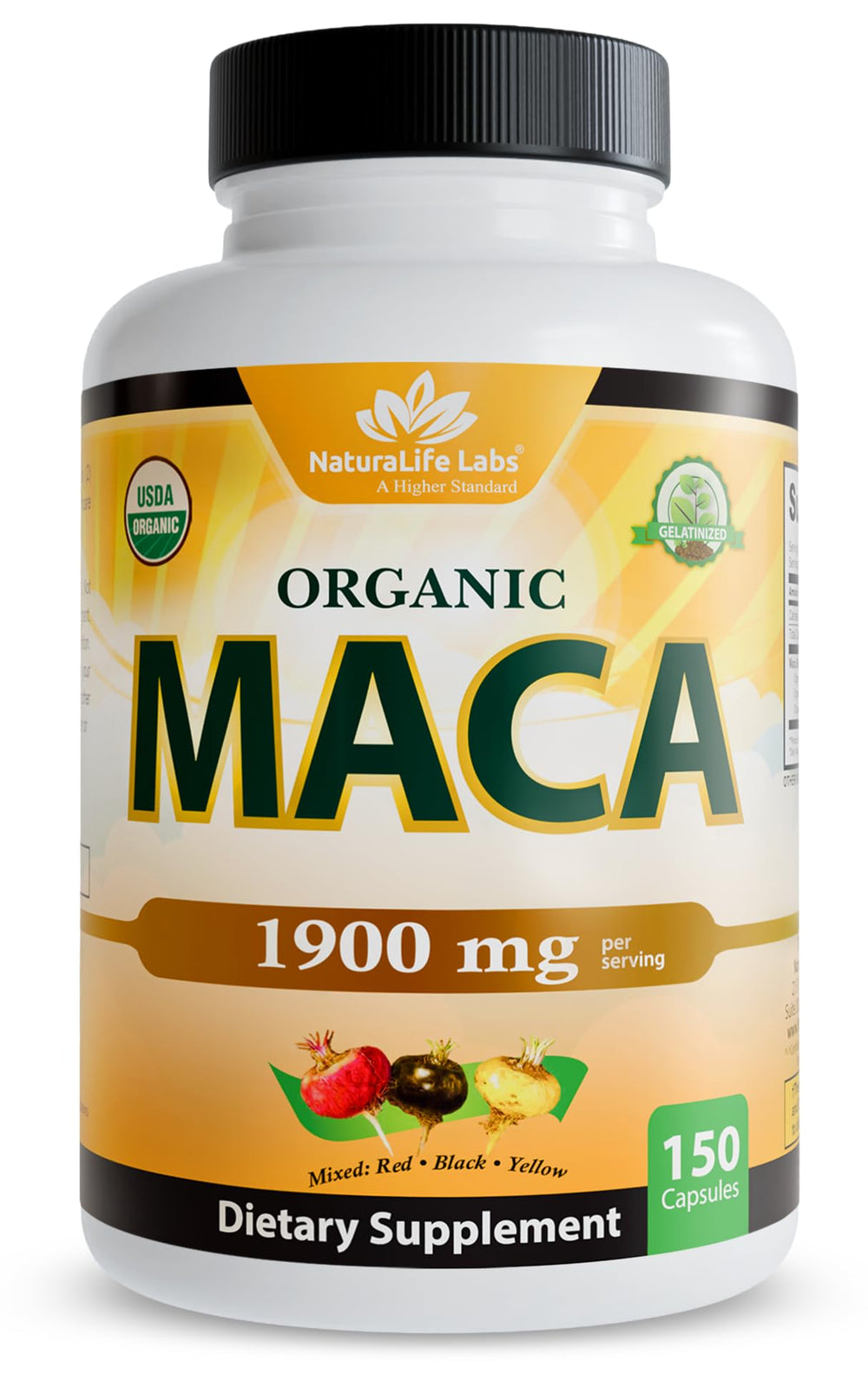 NaturaLife Labs Maca bottle front shows organic, vegan capsules for daily energy.