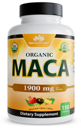 NaturaLife Labs Maca bottle front shows organic, vegan capsules for daily energy.