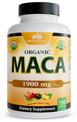 NaturaLife Labs Maca bottle front shows organic, vegan capsules for daily energy.