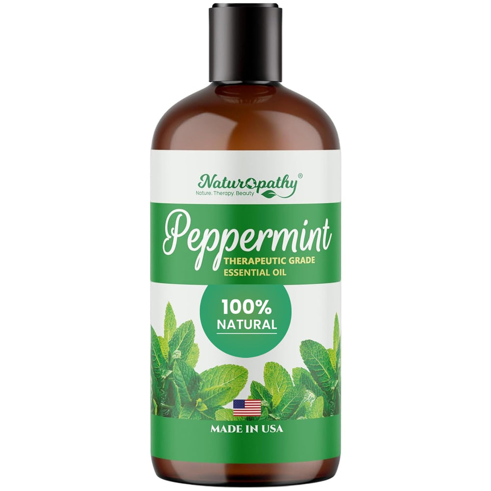 NATUROPATHY NATURE. peppermint essential oil bottle front for a refreshing aromatherapy session.