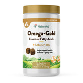 NaturVet Omega-Gold Plus salmon oil soft chews package for healthy skin and glossy coat.