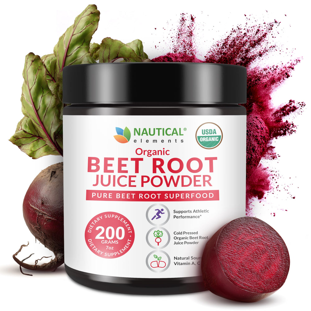 Nautical Elements beet juice powder bottle for easy daily nutrition.