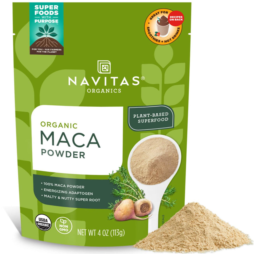 This Navitas Organics Maca Powder bottle is ideal for smoothies and baking.