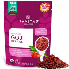 Navitas Organics Goji Berries bag front, ideal for antioxidant-rich snacking.