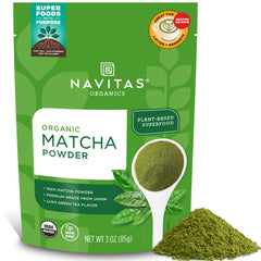 Navitas Organics Matcha Powder packaging on a clean surface, highlighting premium quality for daily rituals.