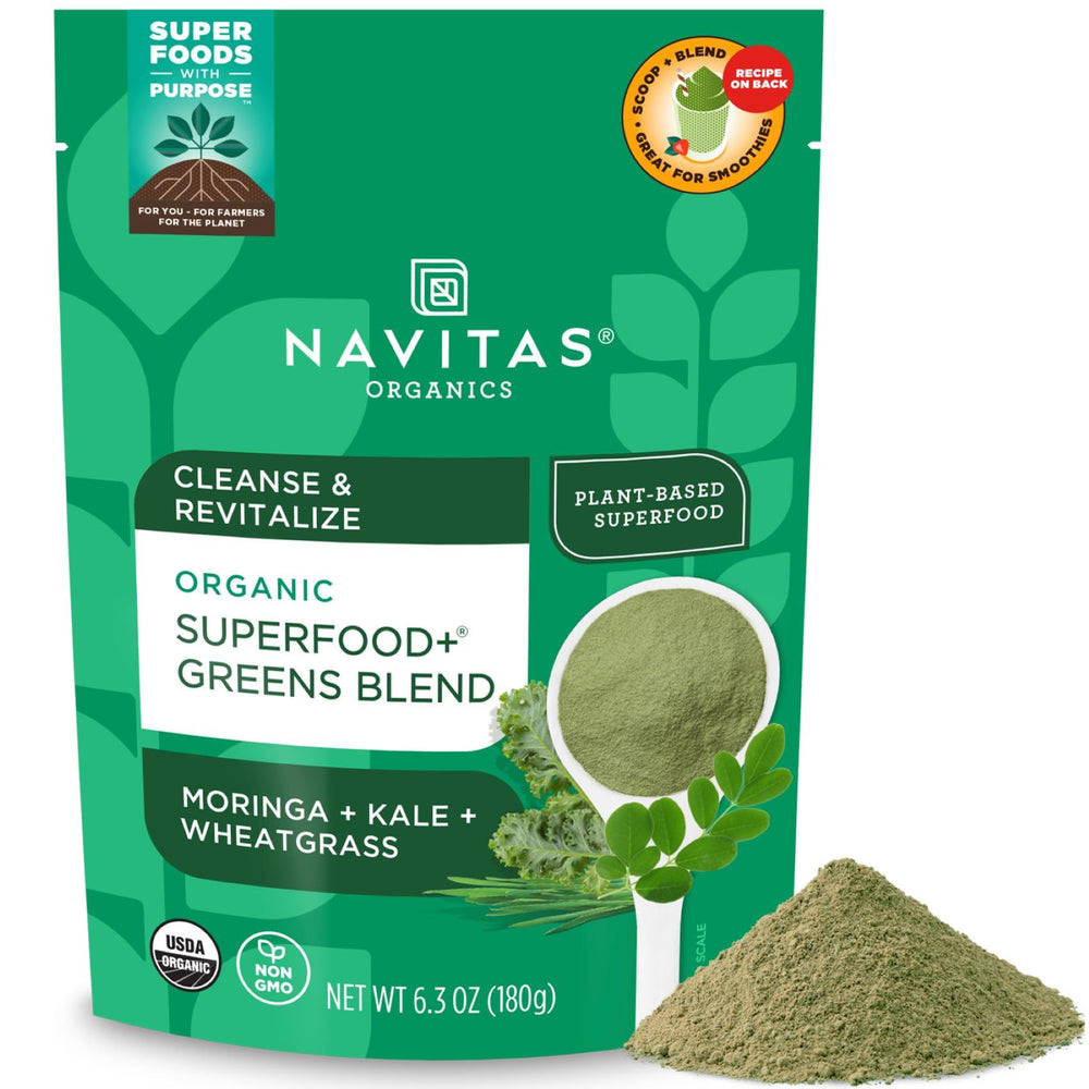 Navitas Organics Superfood+ Greens Blend bottle showing organic greens for daily wellness