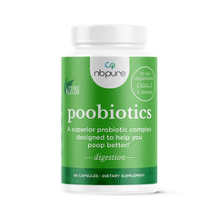 nbpure Poobiotics bottle and label showcasing gut health support
