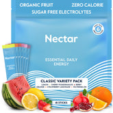 Nectar Energy Booster packets on a surface showing convenient, sugar-free energy.