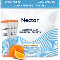 Nectar Hydration Packets orange open packet for quick daily electrolyte replenishment.
