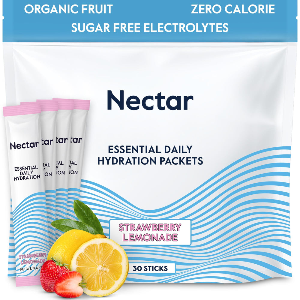 Nectar Hydration Packets powder packet being poured into a glass, highlighting quick hydration
