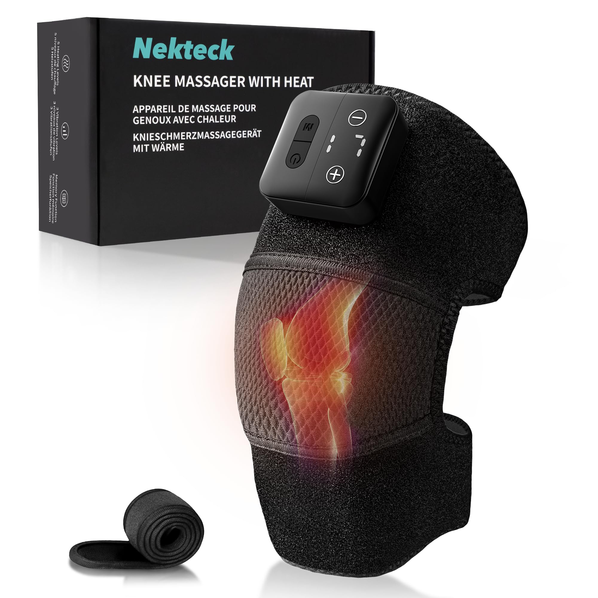 Nekteck knee massager showing 5 heat levels for customizable warmth