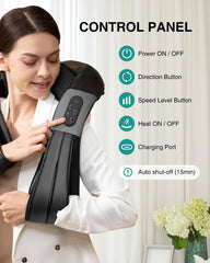 Nekteck neck-back-massager in-use on shoulders and back.