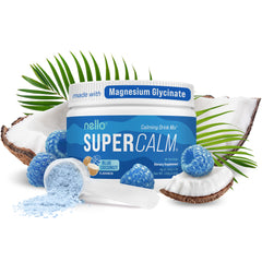 Nello SuperCalm canister with blue coconut powder for calm focus.