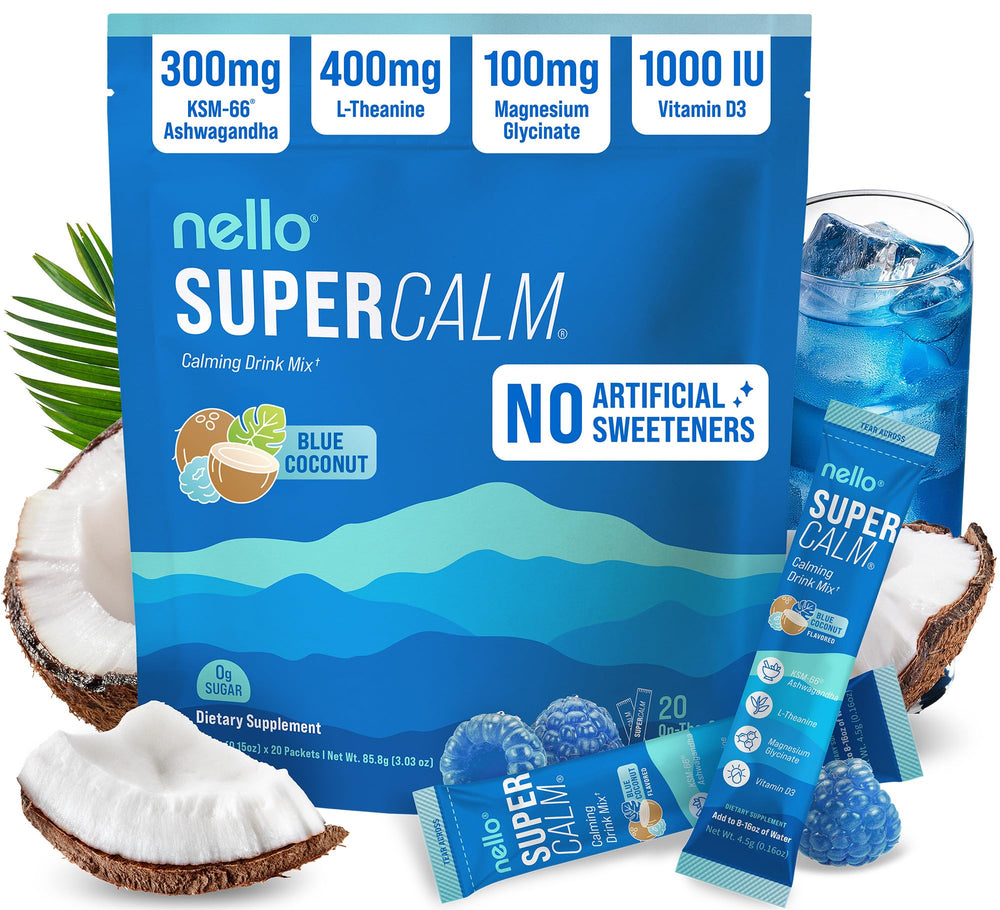 Nello SuperCalm blue coconut powder packet for on-the-go relaxation.