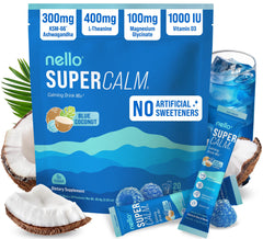 Nello SuperCalm blue coconut powder packet for on-the-go relaxation.