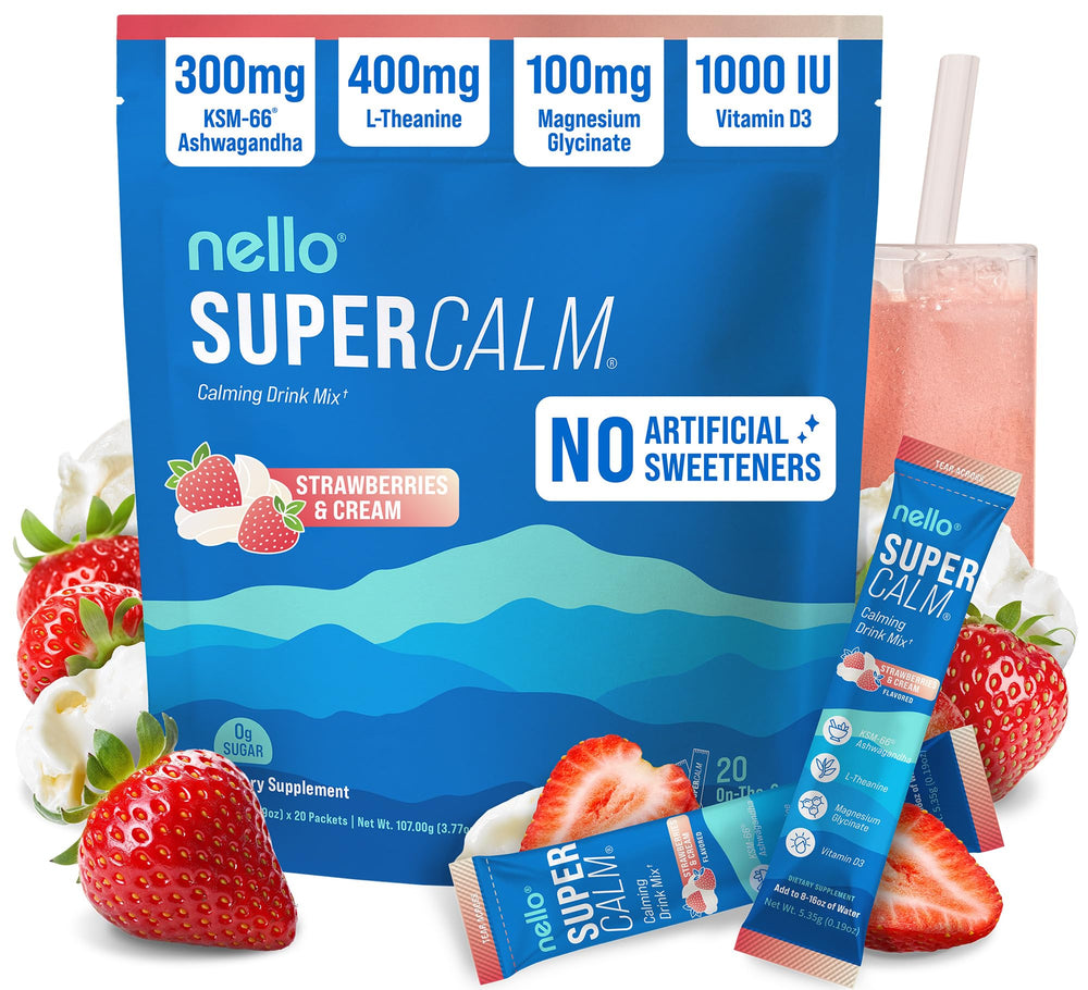 Nello SuperCalm canister with strawberies cream powder for on demand relaxation.