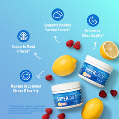 Glass with raspberry lemonade and dissolved Nello Supercalm for a tasty relaxation drink.